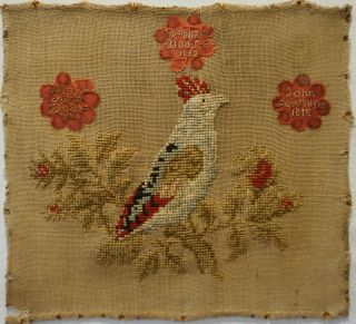 Small Mid 19th Century Red Crested Bird On A Blossom Branch Sampler - C.  1845