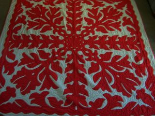 Vintage Handmade & Quilted Christmas Red & White Heirloom Patchwork Quilt 89 " X89