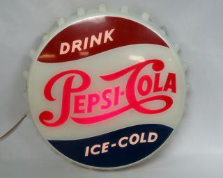 Vintage 1950s Pepsi Cola Lighted Bottle Cap Electric Light Soda Pop Sign Relco