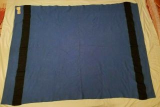 Vintage Marshall Field And Co 100 Wool Blanket England Blue W/black Stripe Mcm
