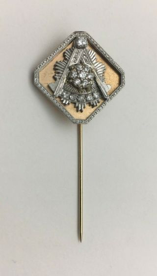Fine Art Deco Platinum 14k Gold Diamonds Masonic Stick Pin Brooch 8.  5 Grams