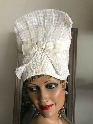 Exceptional Pre - 1900 French Handmade Bonnet - Drawn Threads,  Lace &ribbon.  Padded