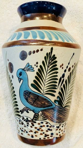 Talavera ‘mexico Reyna’ Glazed Blue Bird & Butterfly Vase 7 3/4” High