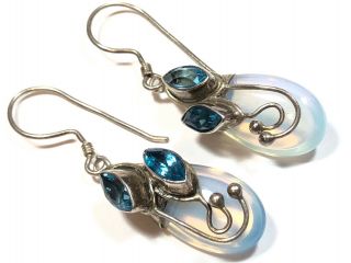 Unique Vtg Ladies Sterling Silver Blue Topaz & Opal Earrings - Signed Sajen