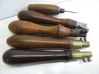 EARLY VINTAGE PAD SAW HANDLES (NO SAW BLADES),  and ONE LEATHER WORKER ' S AWL 3