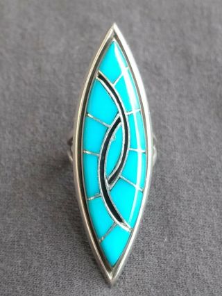 Estate Long Vintage Amy Quandelacy Zuni Inlay Turquoise Sterling Ring