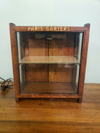 Antique Paris Garters Lighted Wood Glass General Store Display Case Haberdashery 3