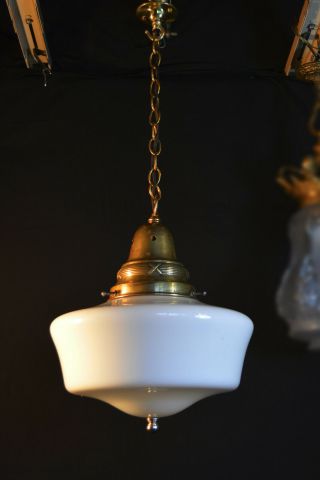 Vintage 1940s Art Deco Antique School House Light Brass Opaline Glass Lantern