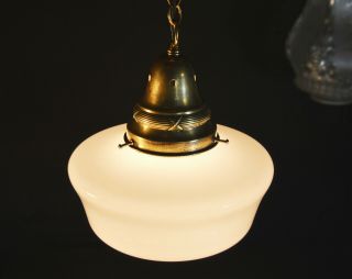 Vintage 1940s art deco antique school house light brass opaline glass lantern 2