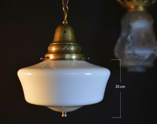 Vintage 1940s art deco antique school house light brass opaline glass lantern 3