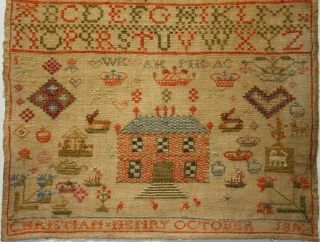 EARLY 19TH CENTURY RED HOUSE,  MOTIF & ALPHABET SAMPLER BY CHRISTIAN HENRY - 1816 3