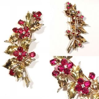 Crown Trifari Alfred Philippe Sterling Vermeil Floral Ruby Rhinestone Fur Pin