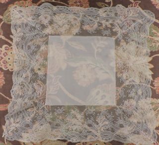 Antique 19th C White Chantilly Lace Trimmed Handkerchief