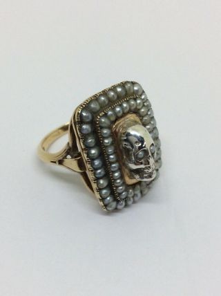 Fine Antique 9ct Gold And Seed Pearl Memento Mori Skull Ring