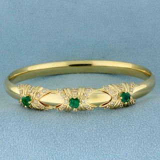 2ct Tw Colombian Emerald And Diamond Bangle 7.  5 " Bracelet In 14k Yellow Gold Over
