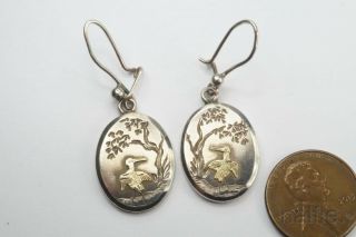 Antique English Victorian Period Silver & Gold Stork Aesthetic Earrings C1880