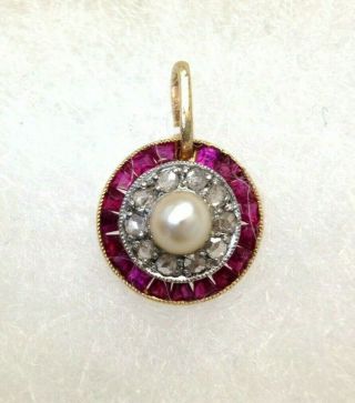 18k Gold Natural Ruby Diamond And Pearl Art Deco Circle Pendant Charm