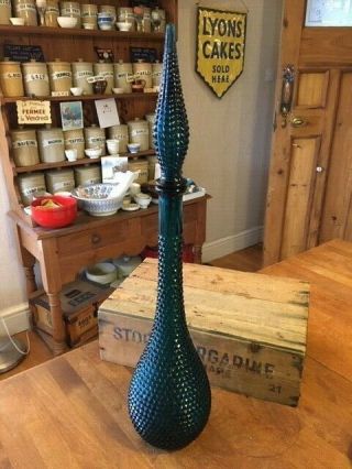 Vintage Tall Italian Greeny - Blue Hobnail / Diamond Genie Bottle – Great –