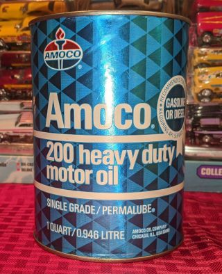 Vintage Amoco Oil Can 200 Heavy Duty Motor Oil Shiny Blue Petroliana