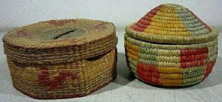 Two Vintage Reed Baskets With Lid.  Small Size Hand Woven And Hand Made.