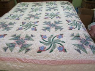 Vintage Handmade Quilt 80 X 82 Floral And Geometric Pattern From 1980 