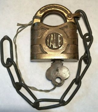 Vintage Yale & Towne Mfg Co Heavy Solid Brass Padlock Lever Lock W/ Key & Chain