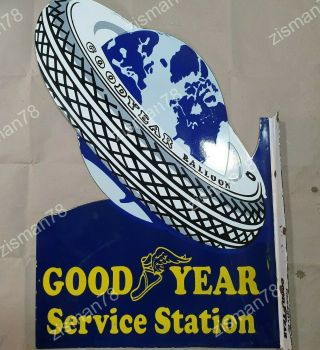 Goodyear Service Station 2 Sided Vintage Porcelain Sign 24 X 36 Inches Flange