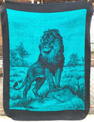 Vintage San Marcos Blanket Lion On A Rock 65 " X 84 " Blue - Green With Tag