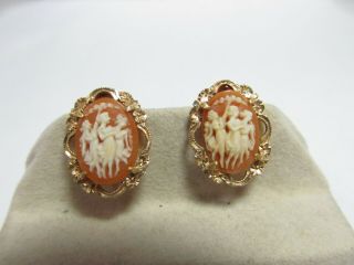 Vintage 14k Solid Gold Earrings W/ Hand Carved 3 Grace Shell Cameos