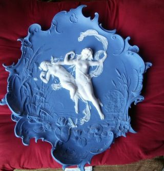 Antique Art Nouveau Bisque Blue Jasperware Wall Plaque Nude Water Nymphs Dancing