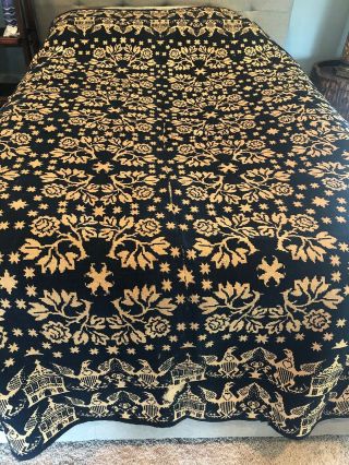Antique Primitive Indigo Blue Wool And White Coverlet Federal Eagle Floral
