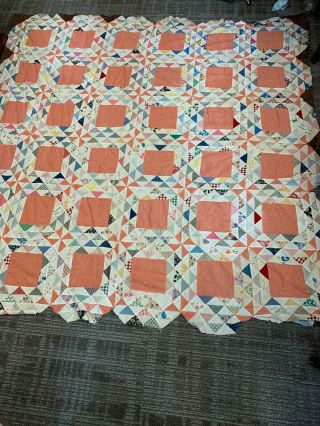 Vintage Hand Stitched Quilt Top Feedsack 82 X 82 Vibrant Coral Pinwheel Octagon