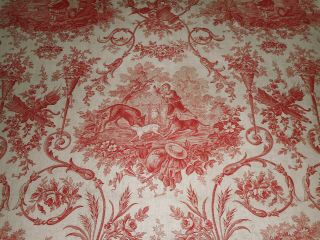 Antique French Red Figural Woodland Floral Bird Wolf Toile Cotton Fabric