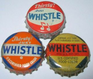 3 Diff Whistle Orange Soda Bottle Caps; 1 From Mattoon,  Ill; Cork