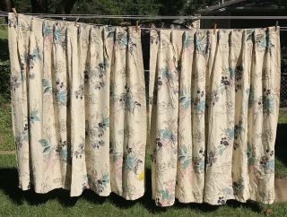 Vintage Barkcloth Drapes Pleated Pink Gray Black Floral 44” X 63” Panel Size