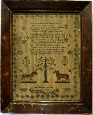 Early/mid 19th Century Tigers,  Motif & Verse Sampler By Jane Higgins - 1836