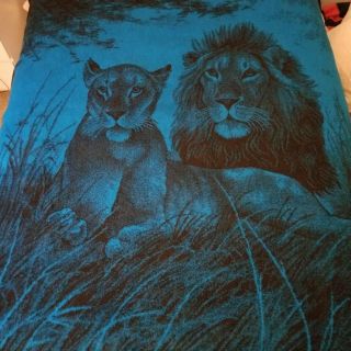 Vintage San Marcos Blanket Reversible Blue & Black Lion Lioness 88 " X 68 "