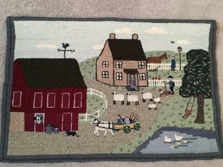 Vintage Amish Farmyard Hooked Wool Rug For Wall Hanging 24 X 36