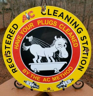 Old Vintage 1958 Ac Spark Plugs Porcelain Sign Cleaning Station Donkey