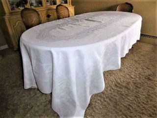 Vintage White Linen Damask 126 " Banquet Size Tablecloth Art Nouveau Shell Floral