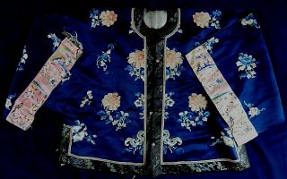 Antique Chinese Fine Embroidery Silk Jacket,  Fine Sleeve Panels Forbidden Stitch