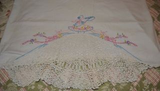 Vintage Pair Pillowcases Embroidered Crocheted Southern Belle Ladies & Asters