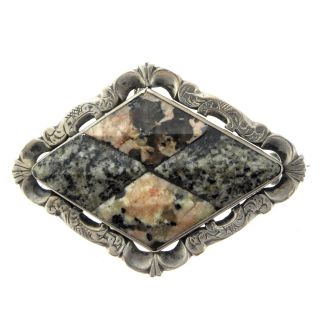 Vintage Celtic Scottish Sterling Silver Engraved Granite Diamond Shape Brooch