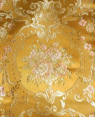Vintage Floral Cartouche Satin Brocade Jacquard Fabric Mustard Gold Pink Olive