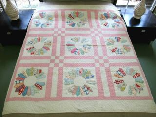 Washed Many Times Vintage Feed Sack Hand Sewn Applique Dresden Plate Quilt Twin