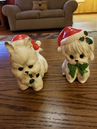 2 Lefton Christmas White Puppies Dogs Figurines With Santa Hats Made In Japan