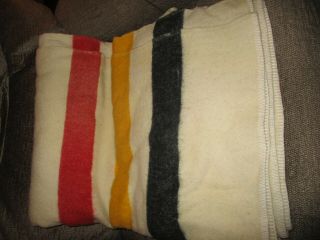 Vintage Wool Blanket Faribault Mills Mn 3 Stripe Style Faribo Usa Heavy Cream