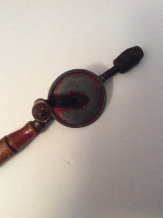 Vintage Hand Drill Red Wheel Wooden Handle Hand Crank Egg/beater Drill