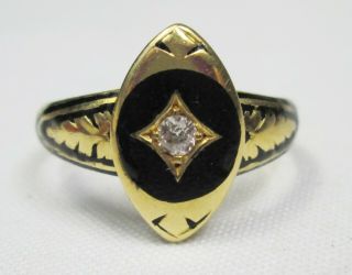 Antique Victorian 18ct Gold & Old Cut Diamond Black Enamel Mourning Ring Size P