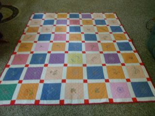 Vintage Handmade Hand - Sewn Quilt With Embroidered Flowers 67 " X 77 "